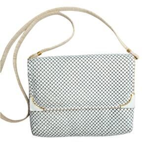 Vintage 80s White Metal Mesh Crossbody Purse Flap Handbag Retro Disco Evening